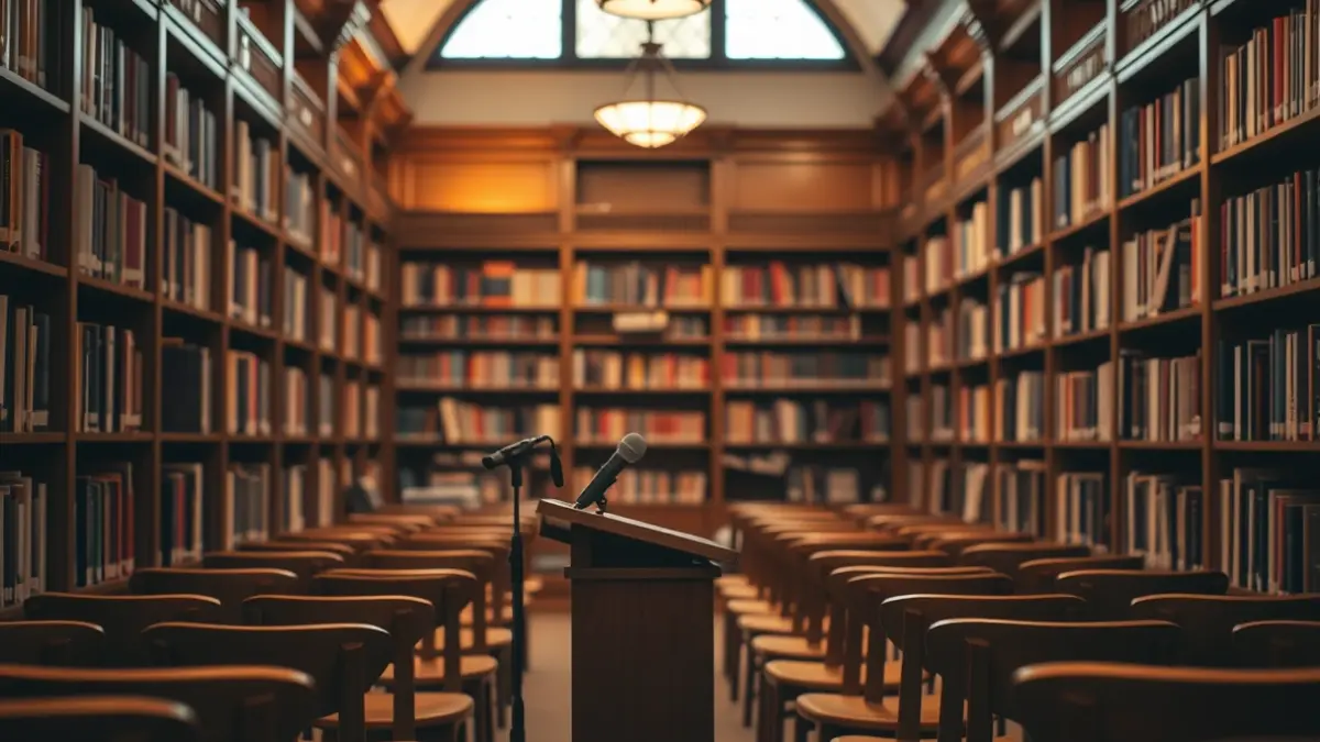Imagen genérica: interior de una biblioteca con un micrófono y sillas vacías.