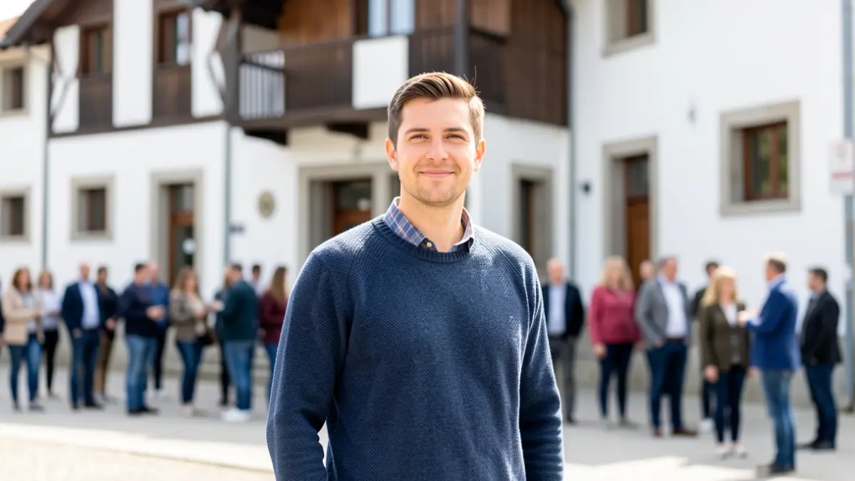 Generic image: a young man in front of a town hall.