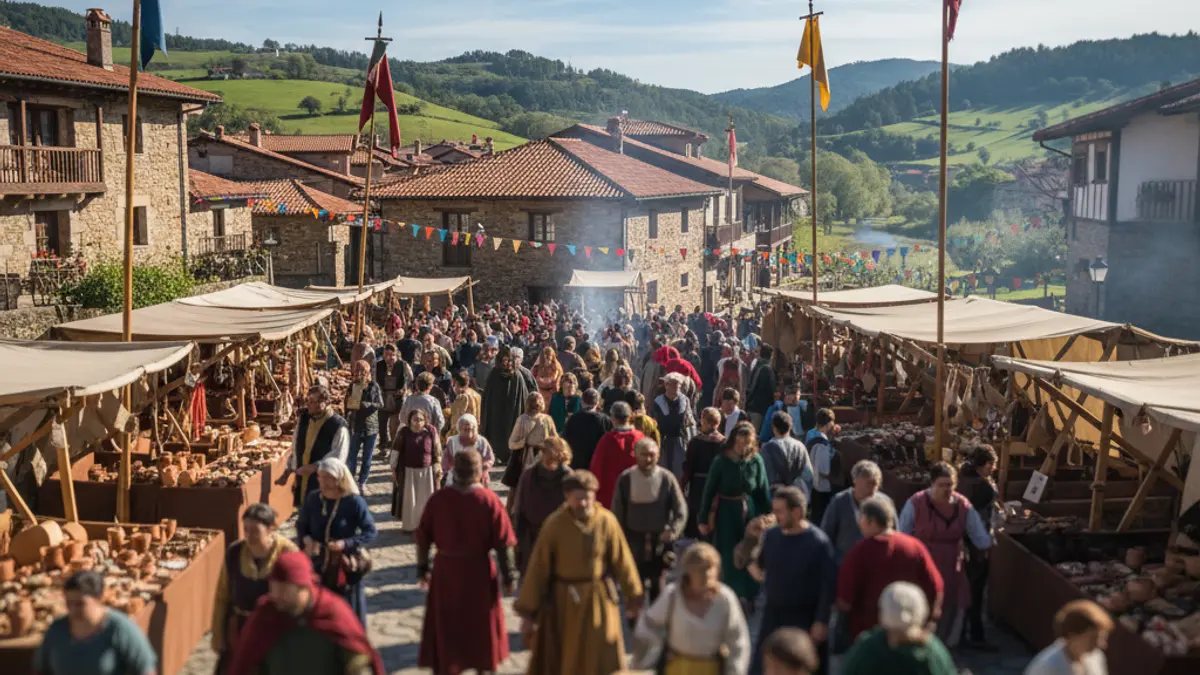 Generic image of a medieval fair with crowds and stalls.