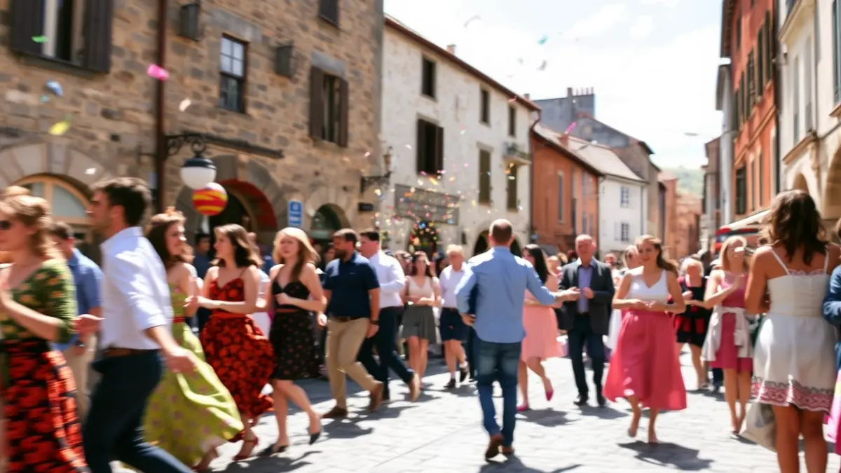 Generic image of people dancing in the streets of Bergara, in a festive atmosphere.