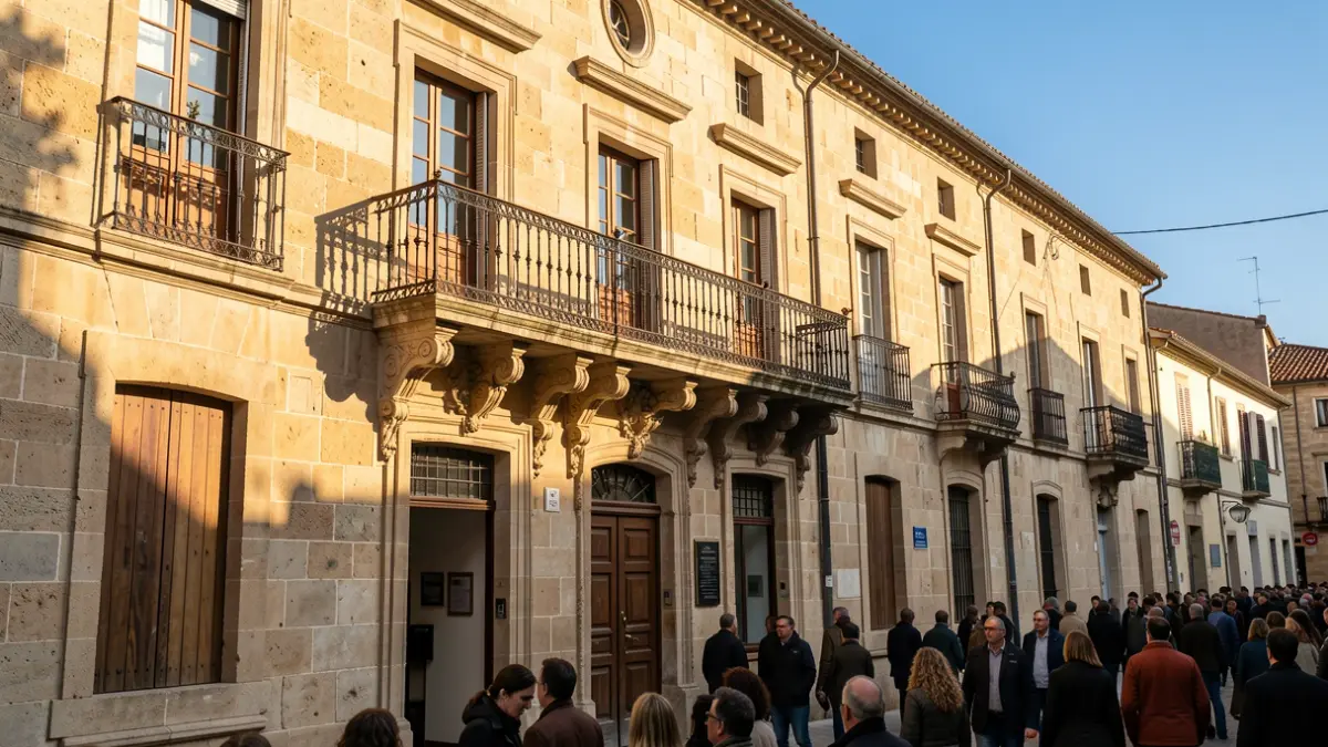 Imagen genérica: fachada de ayuntamiento de piedra con balcón y barandillas de hierro, luz de sol de la tarde proyectando sombras.