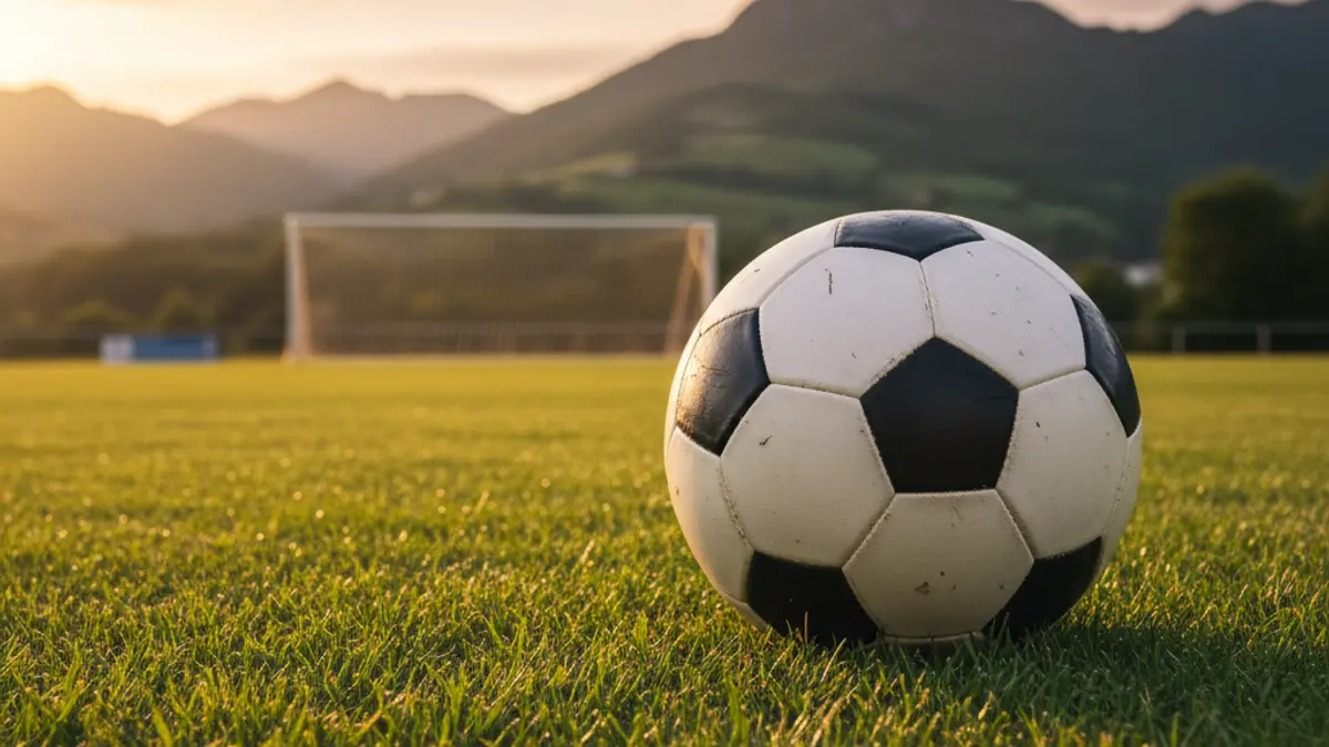 Generic image of a soccer ball on a field, with a blurred goal in the background.