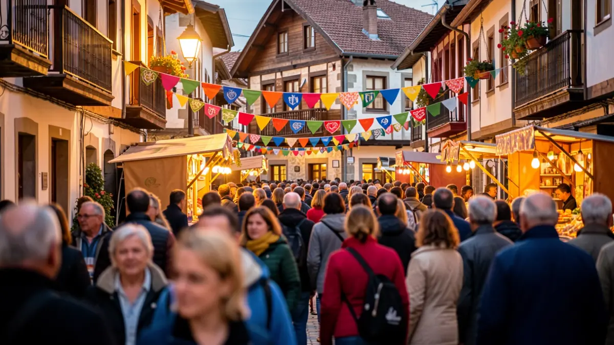 Generic image of a street scene in a Basque town during a festive atmosphere.