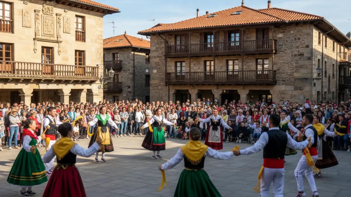 Euskal dantza tradizionalak egiten ari diren dantzarien irudi lausoa, herriko plazan, jaialdi kultural baten giroa islatuz.