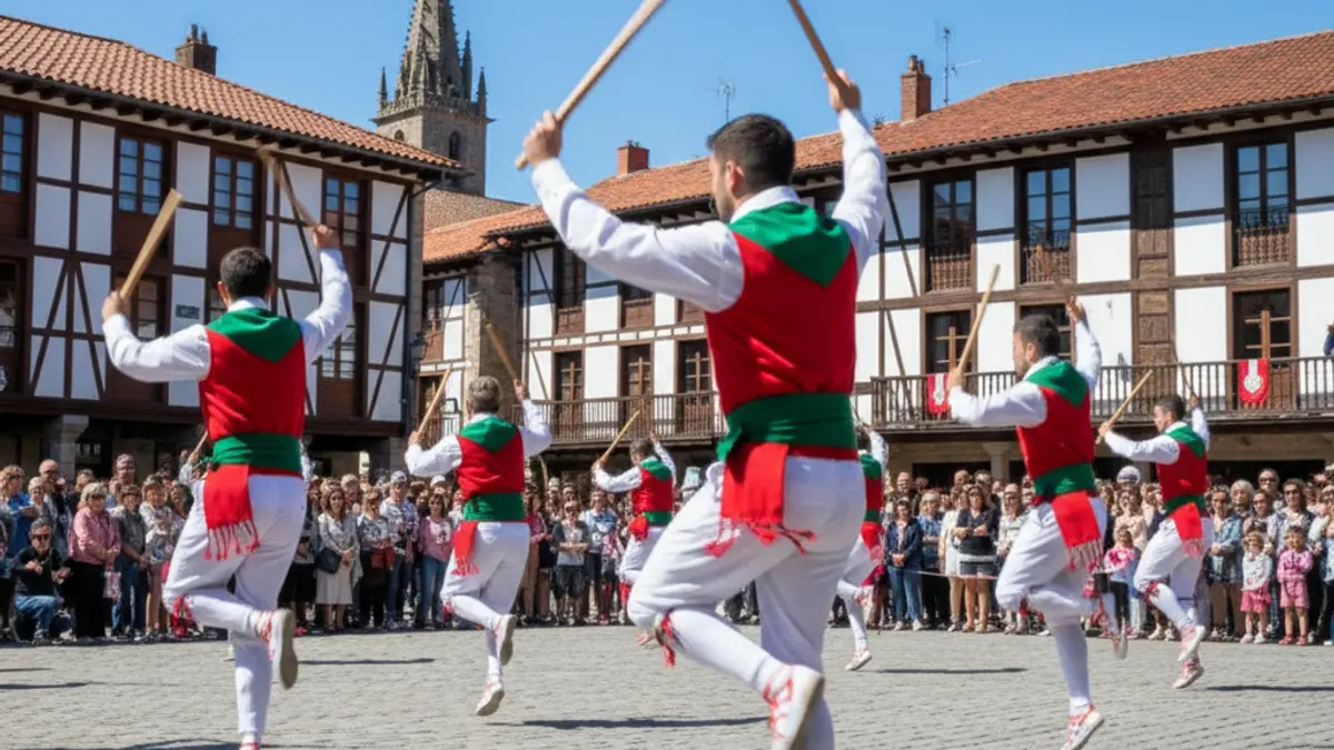 Euskal dantza tradizionala Bermeoko plaza batean, jendea atzealdean lausotuta.