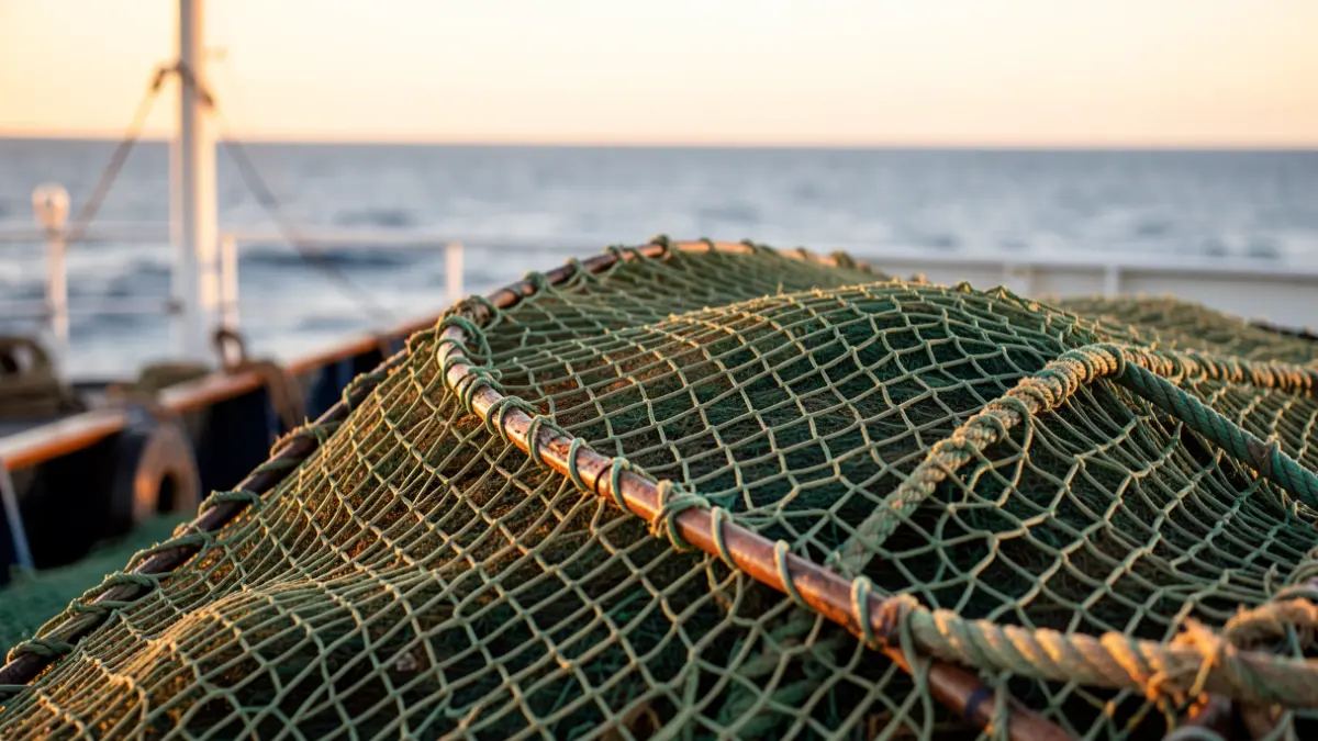 Industrial fishing nets on a deck.