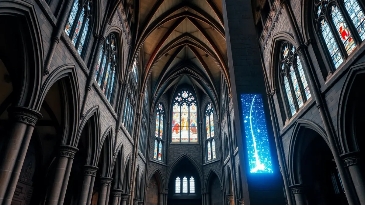 Imagen genérica del interior de una iglesia antigua, mostrando techos abovedados y vidrieras, con un sutil brillo de luz digital en un pilar de piedra.