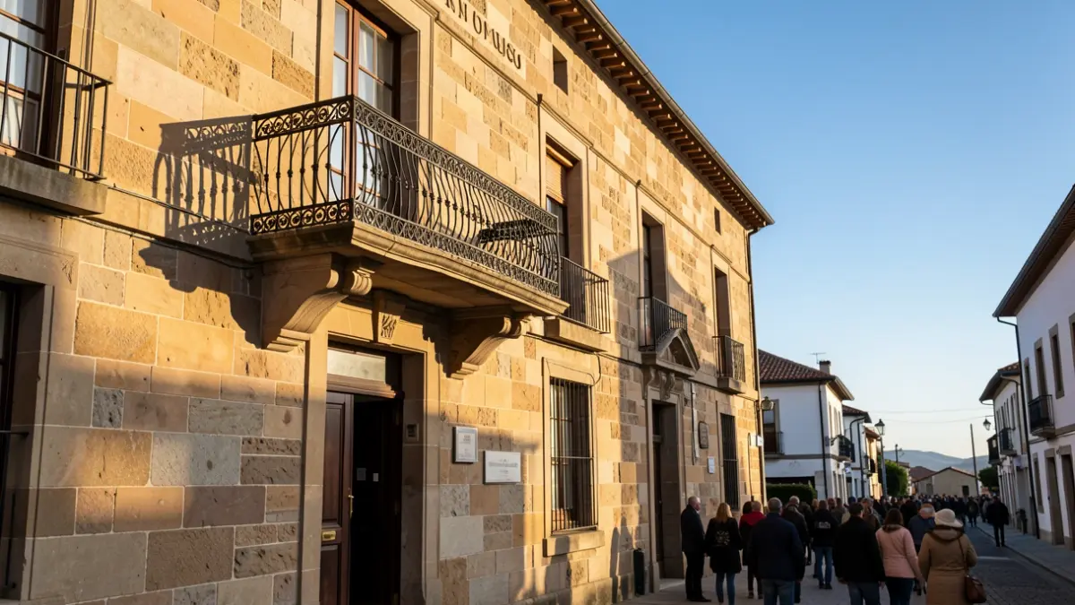 Generic image: Stone facade of the Bermeo town hall, with an ornate balcony and iron railings, afternoon sunlight casting shadows.