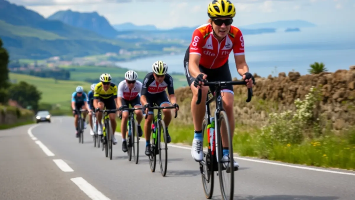 Generic image of a group of cyclists in a Basque coastal and mountain landscape.