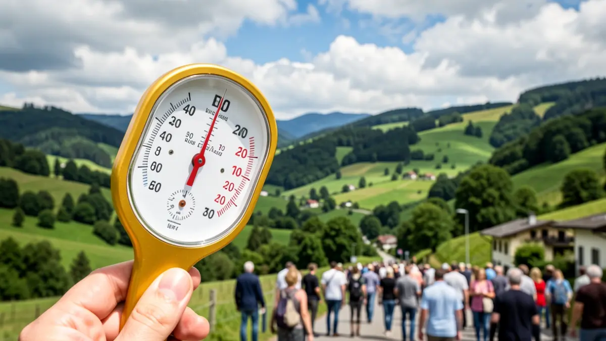 Imagen genérica: Termómetro mostrando un descenso de temperatura frente a un paisaje verde de Euskadi.