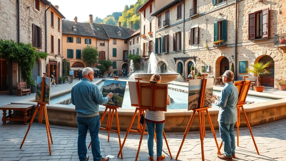 Pintores en un concurso de pintura al aire libre en un pueblo vasco.