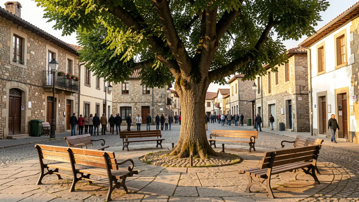 Berrizko plaza eraberrituaren irudia, egurrezko eserlekuak eta haritza dituena.