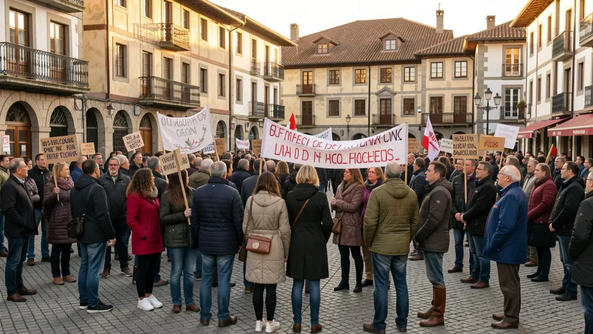 Protest in a Basque town square with banners and traditional architecture.