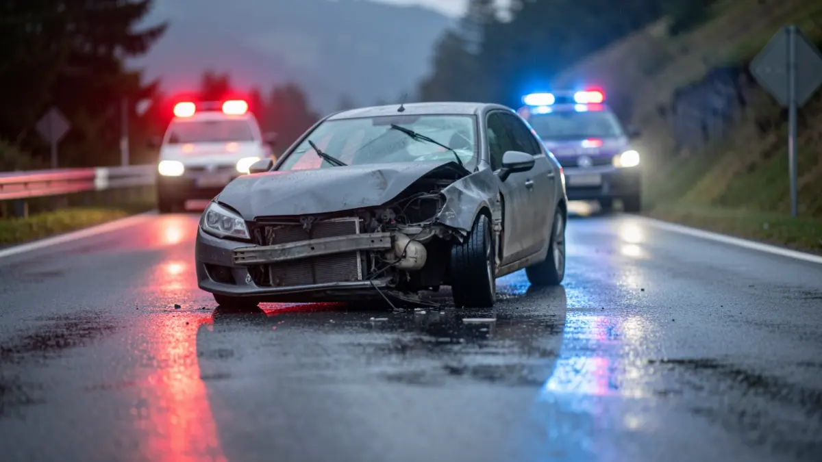 Errepidean dagoen auto kaltetu baten argazkia, argi gorri-urdinen isla errepide bustian.