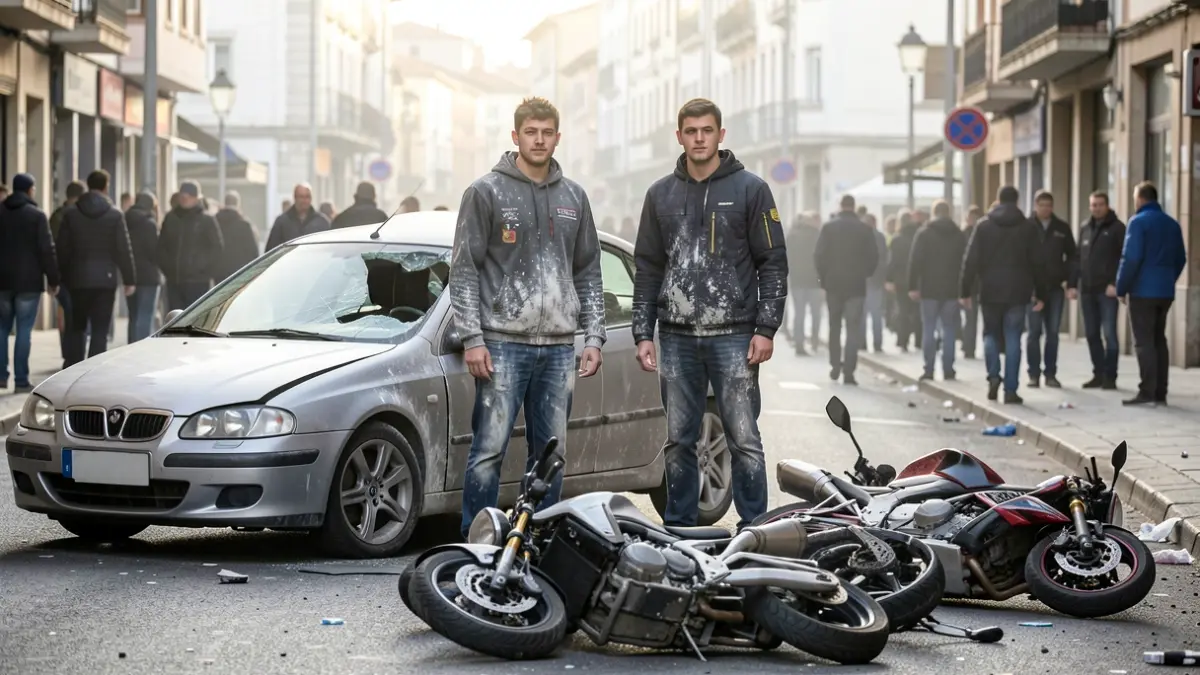 Bi gazte Sestaoko kale batean, auto kaltetu baten ondoan eta motozikletak lurrean botata, goizeko argitan.