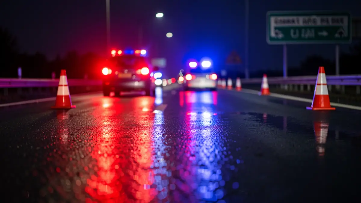 Generic image: red and blue emergency lights reflecting on a wet highway at night, with blurred traffic cones and a highway sign.