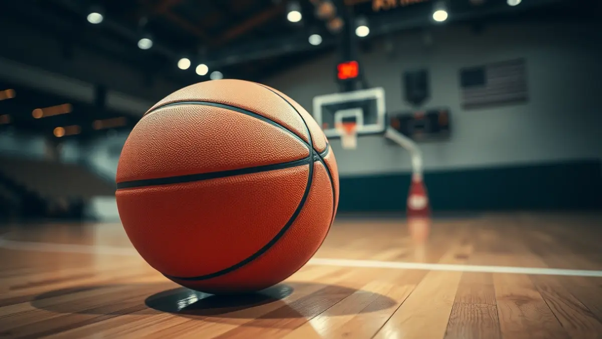 Generic image of a basketball on a court, with a blurred hoop in the background.