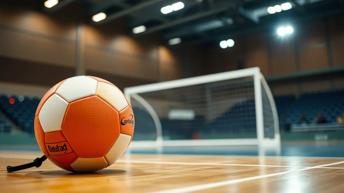 Un balón de balonmano en la cancha, con la portería difuminada al fondo.