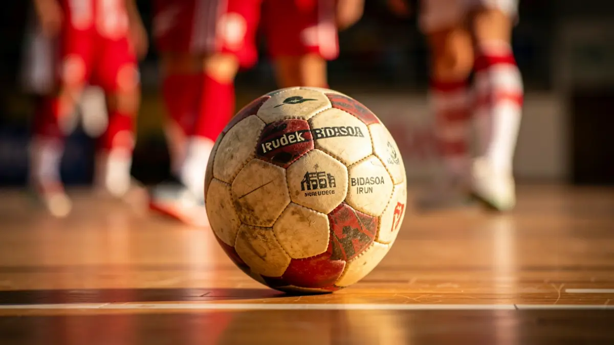 Un balón de balonmano del equipo Irudek Bidasoa Irun sobre una cancha de madera, con los colores rojo y blanco del equipo desenfocados al fondo.