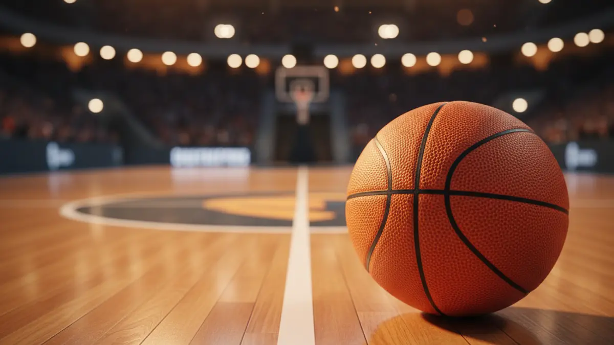 Generic image of a basketball on a wooden court.