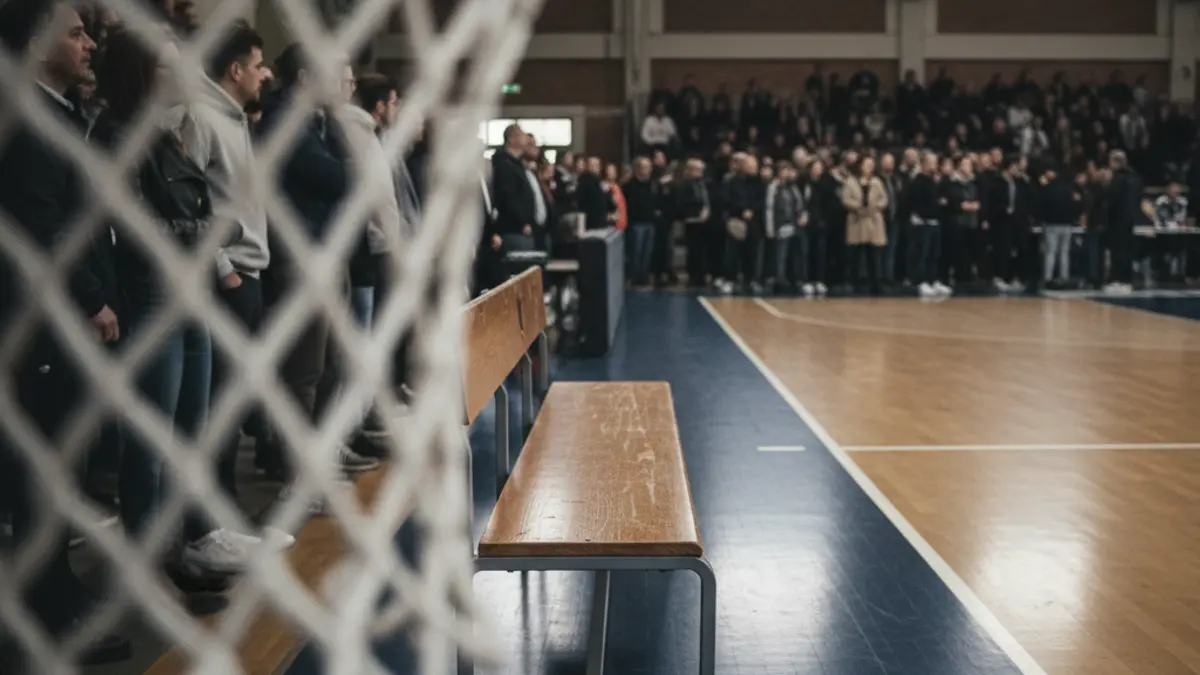 Imagen genérica de una cancha de baloncesto con una red borrosa y un banquillo vacío.