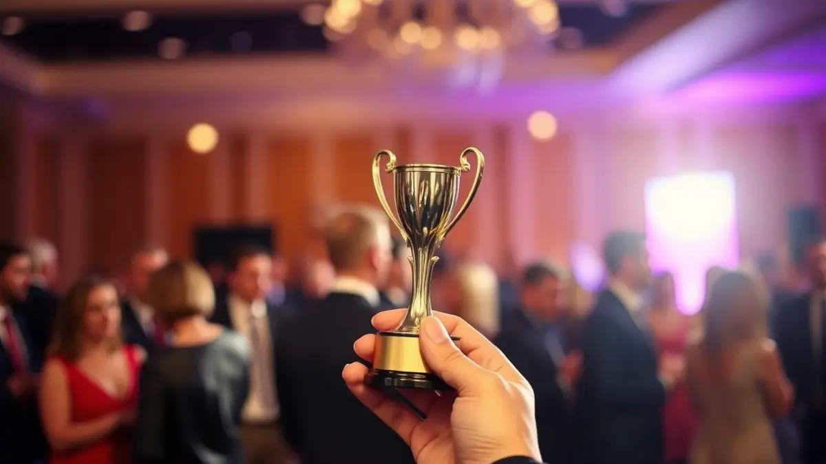 Imagen genérica de un evento de entrega de premios, con un galardón en una mano.