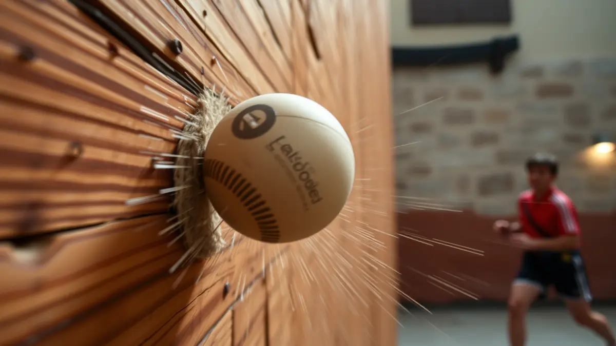 Pelota golpeando una pared de frontón, con movimiento borroso y luz dinámica.