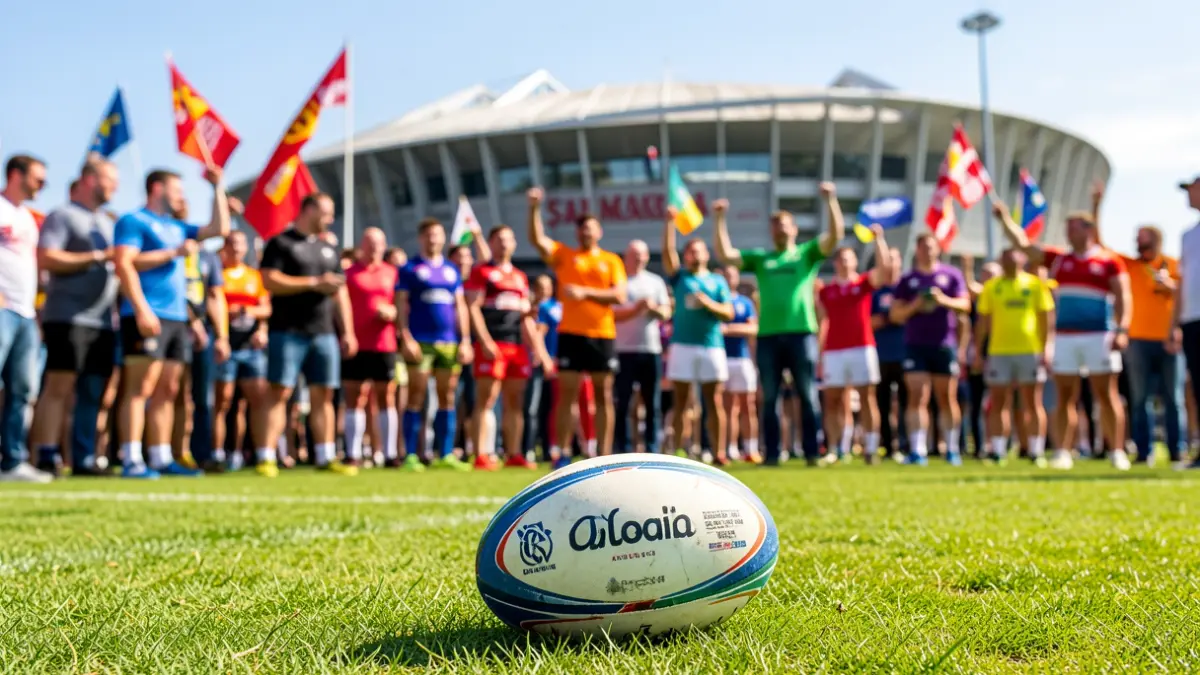 Imagen genérica: Ambiente festivo en Bilbao por las finales de rugby, con el estadio San Mamés al fondo.