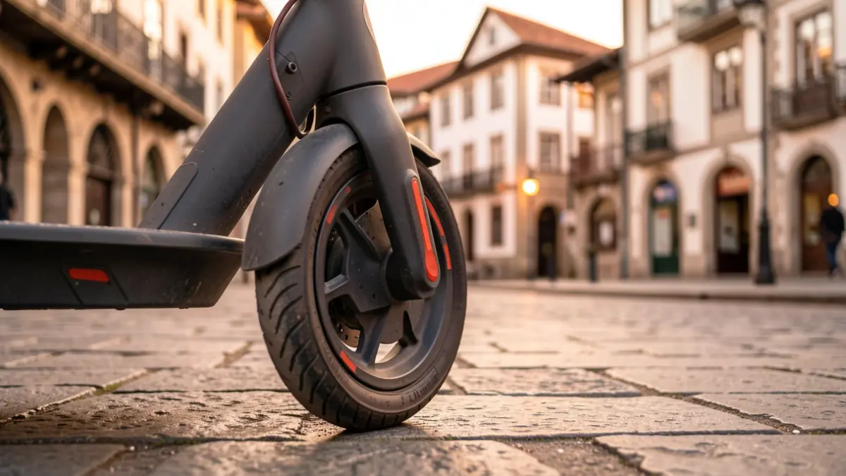 Generic image: Wheel of an electric scooter parked on a Bilbao sidewalk, warm evening light.