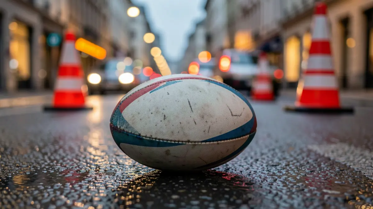 Rugby ball on an urban street, with traffic signs and blurred lights in the background.