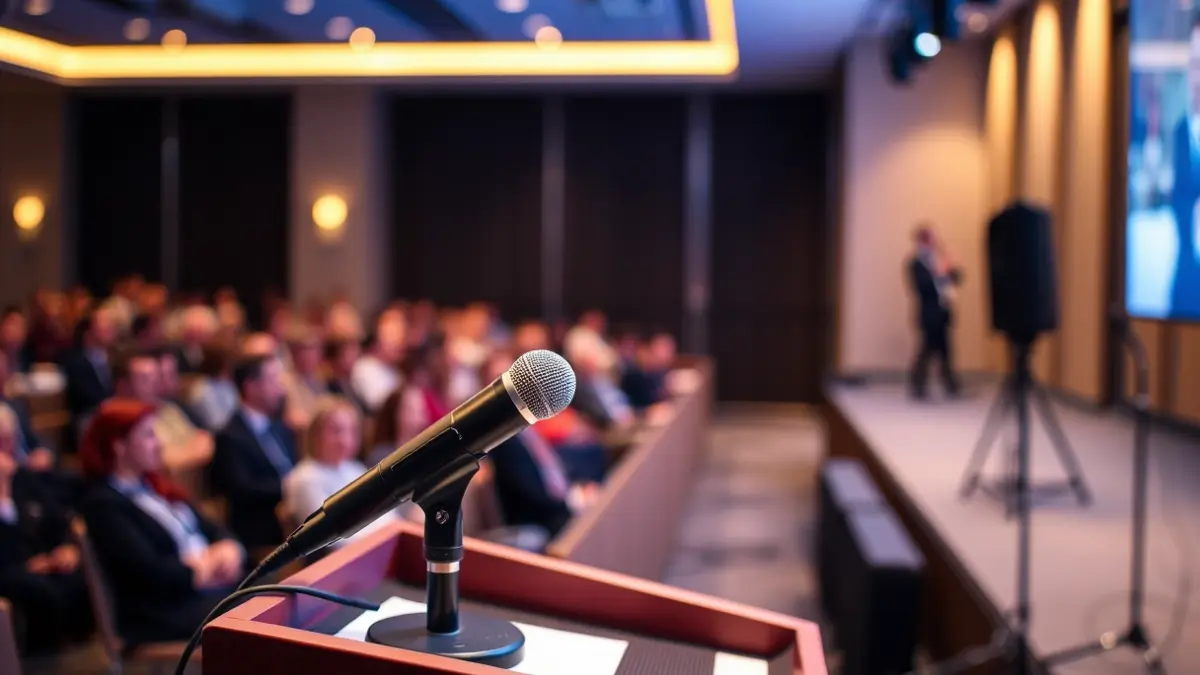 A microphone in a conference room, representing a professional music industry event.