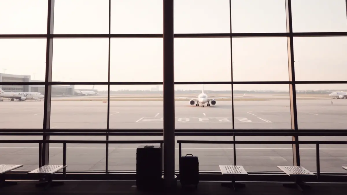Imagen genérica del interior de una terminal de aeropuerto moderna, con un avión visible a lo lejos.
