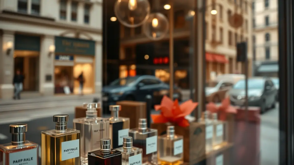 Generic image of a shop window in Bilbao's Old Town, featuring fragrance bottles.