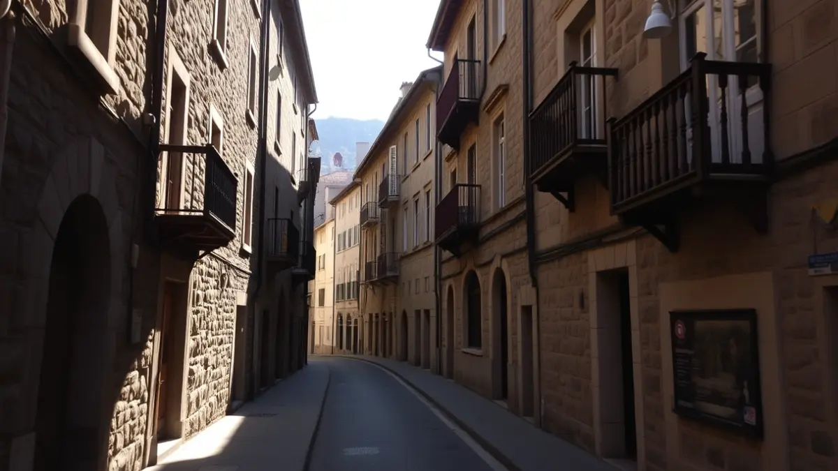 Generic image of a quiet street in a Bilbao neighborhood, with stone buildings and wooden balconies.