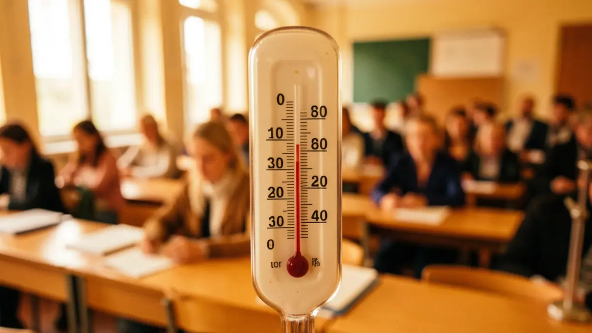 Generic image: a thermometer showing a high temperature, with classroom elements blurred.