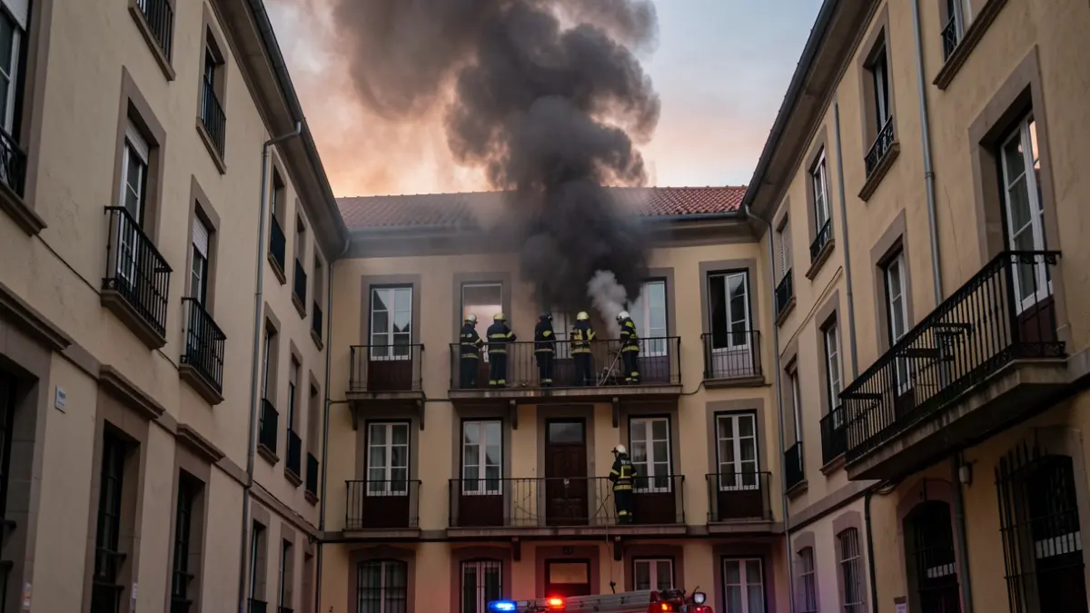 Column of dark smoke rising from the interior courtyard of a residential building in Bilbao, with firefighters visible on a balcony, dramatic evening lighting.