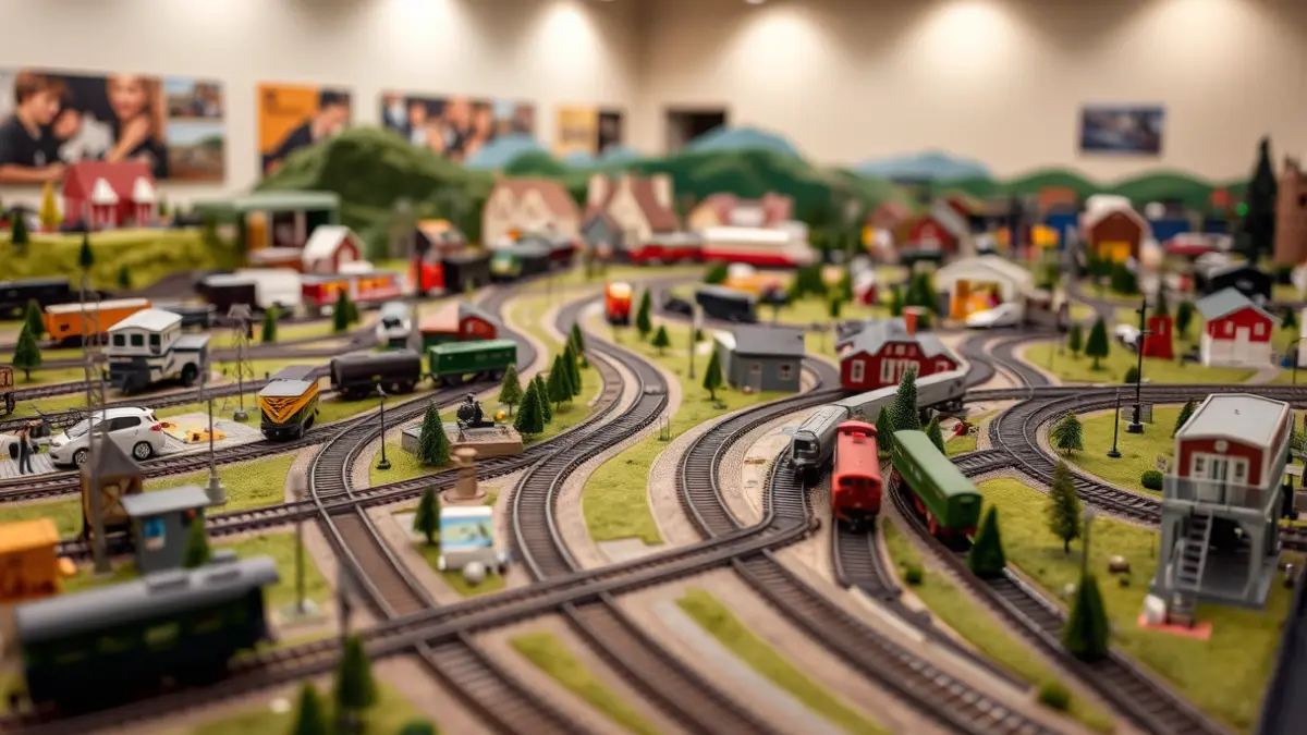 Generic image of a railway modeling exhibition, with miniature trains and detailed landscapes.