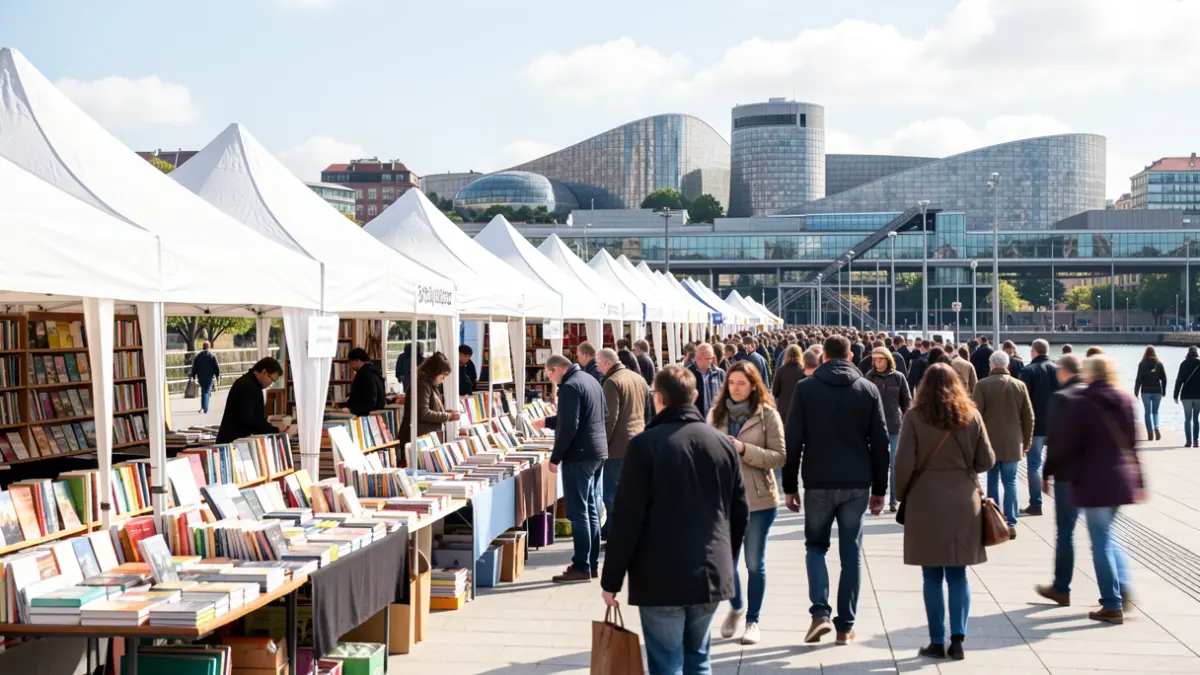 Generic image of a book fair in Bilbao, with people browsing books.
