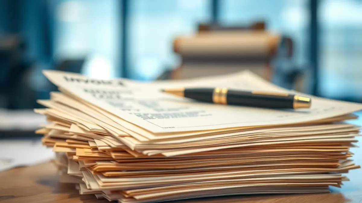 Generic image of a stack of old invoices or tax documents, symbolizing financial disputes and legal paperwork.