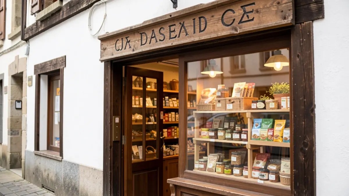 Facade of a traditional shop with a wooden sign and a bright window display showcasing local products.