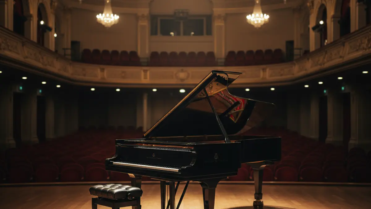 Generic image: a grand piano on a stage, with a blurred background of an empty concert hall.