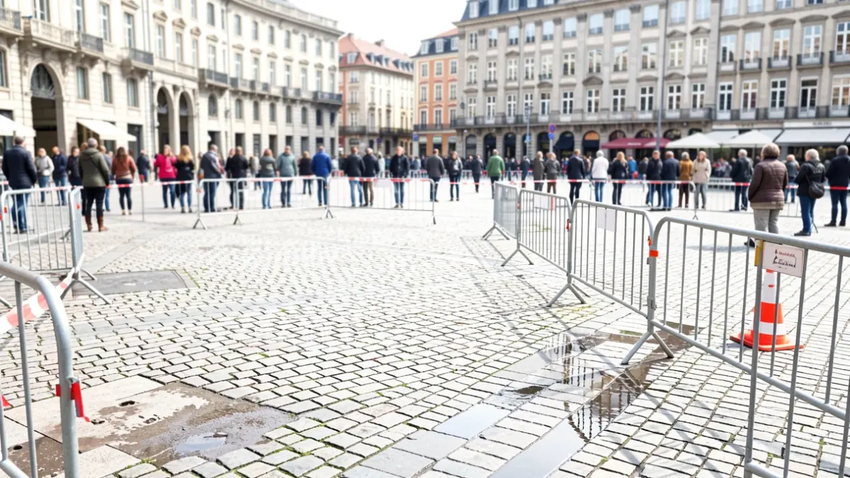 El área central de la Plaza Nueva de Bilbao, acordonada con barreras de seguridad temporales.