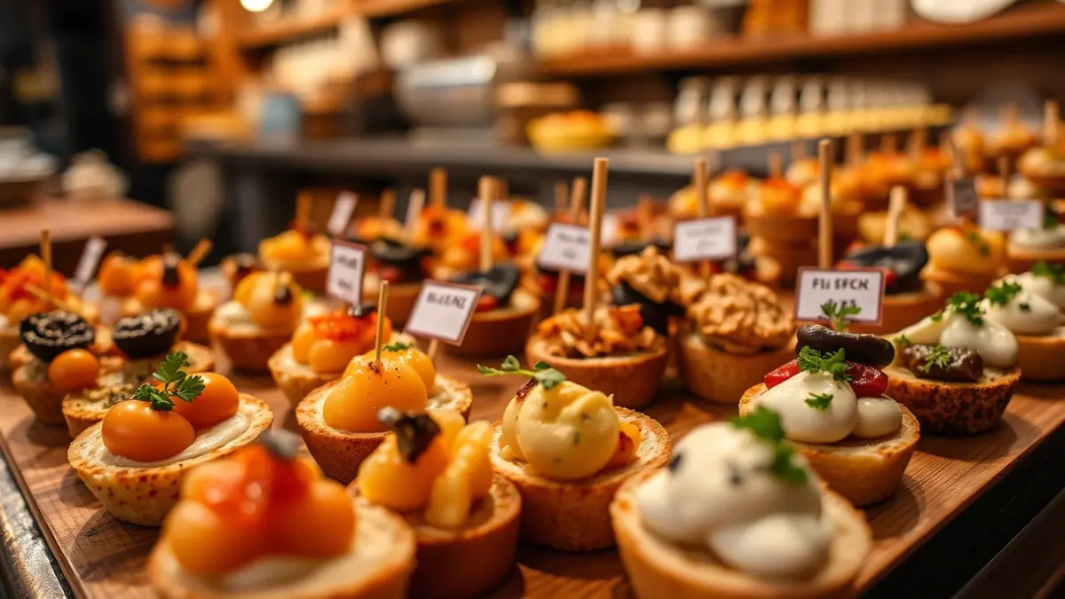 Variedad de pintxos en un bar de Bilbao, destacando las opciones sin gluten.