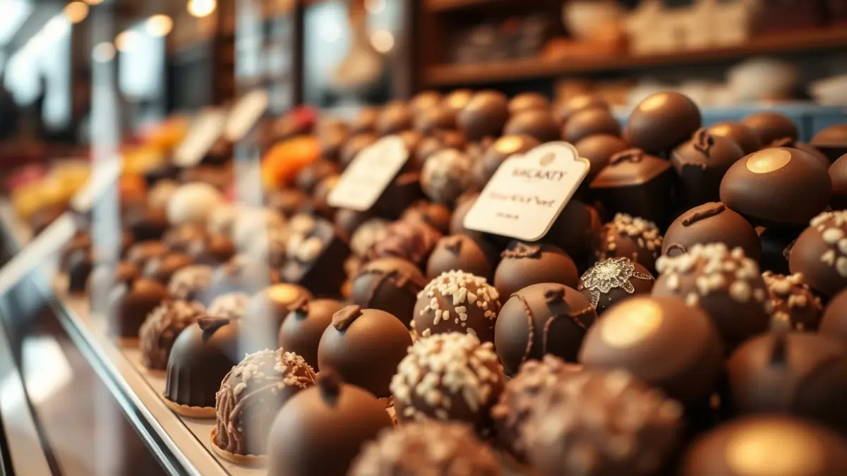 Imagen genérica de un escaparate lleno de bombones y chocolates artesanales.