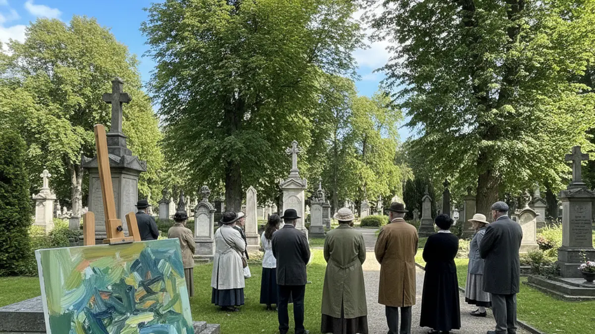 An artist painting outdoors in a cemetery, with monuments and trees in the background.
