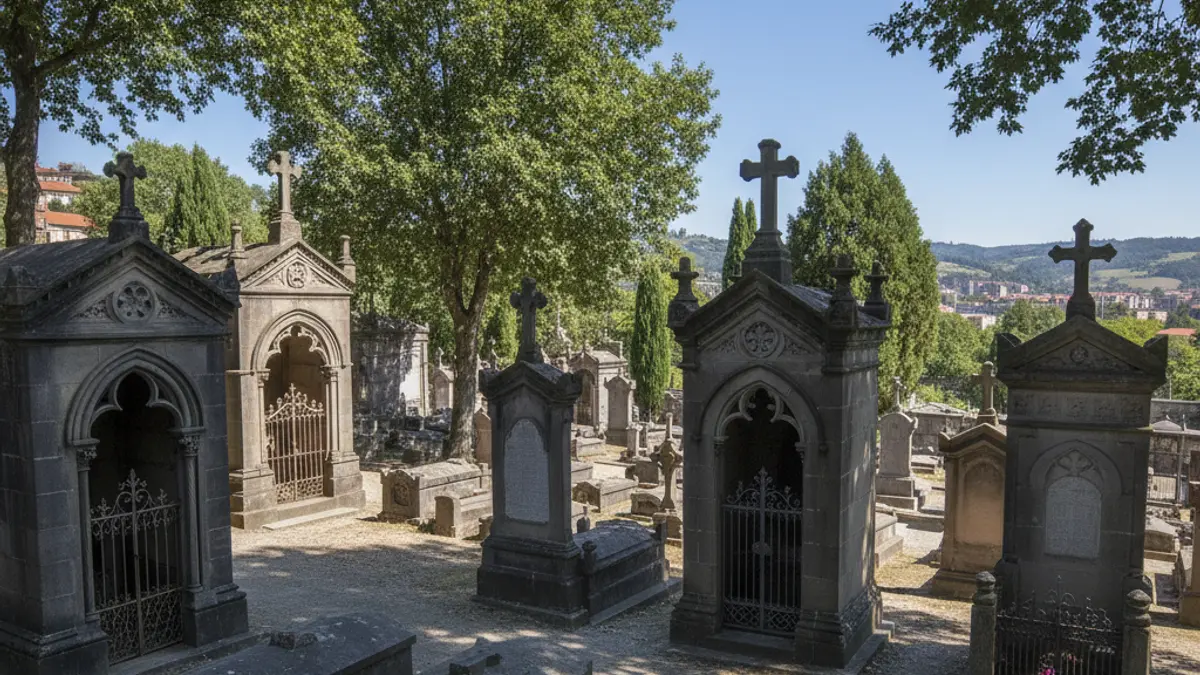 Generic image of Bilbao's municipal cemetery, with traditional architecture and green trees.