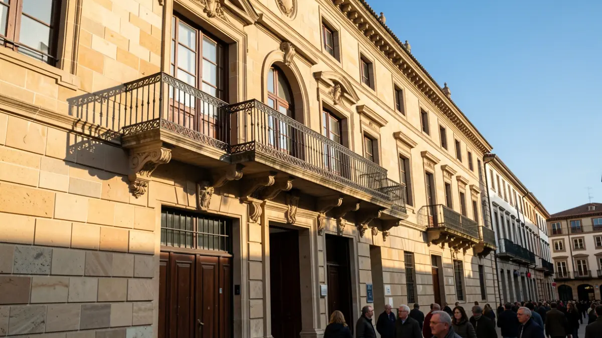 Bilboko udaletxearen harrizko fatxada tradizionala, balkoi eta baranda burdinazko apaingarriekin. Arratsaldeko eguzkiak itzalak proiektatzen ditu hormetan.