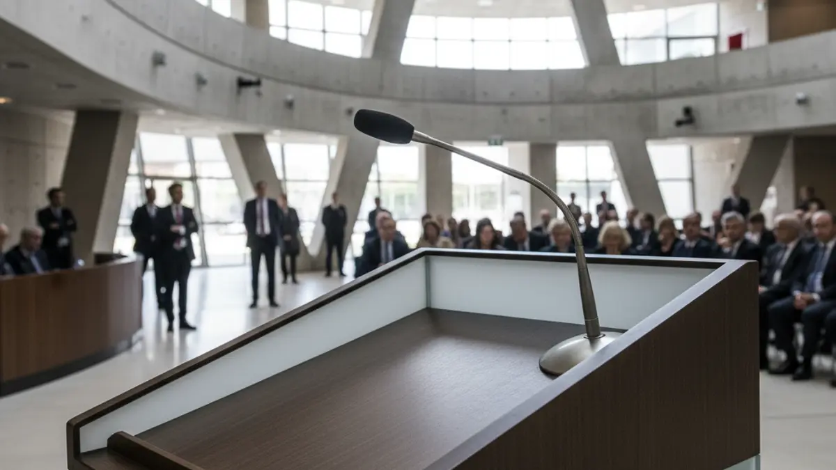 Mikrofono bat podium batean, atzealdean pertsona lausoak dituela, udal eraikin moderno batean.