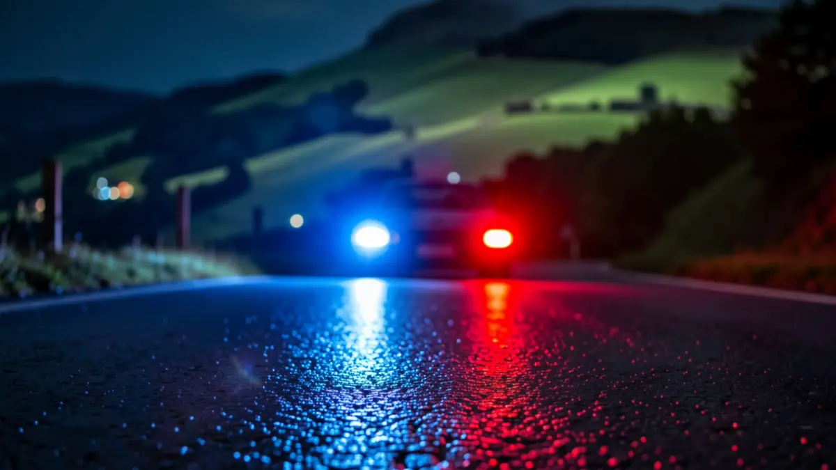 Imagen genérica: luces de emergencia azules y rojas sobre asfalto mojado por la noche, con paisaje del País Vasco.