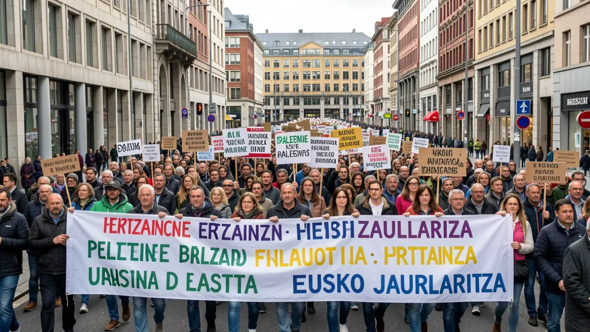 Image of a large protest march in the streets of Bilbao with banners supporting Palestine.